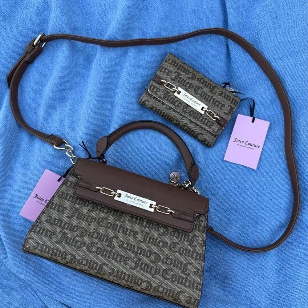 Matching juicy couture brown monogram mini handbag and wallet set